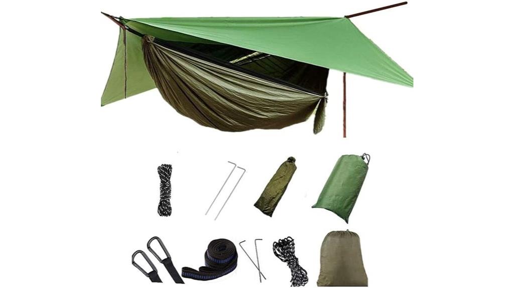 green camping hammock with rain fly